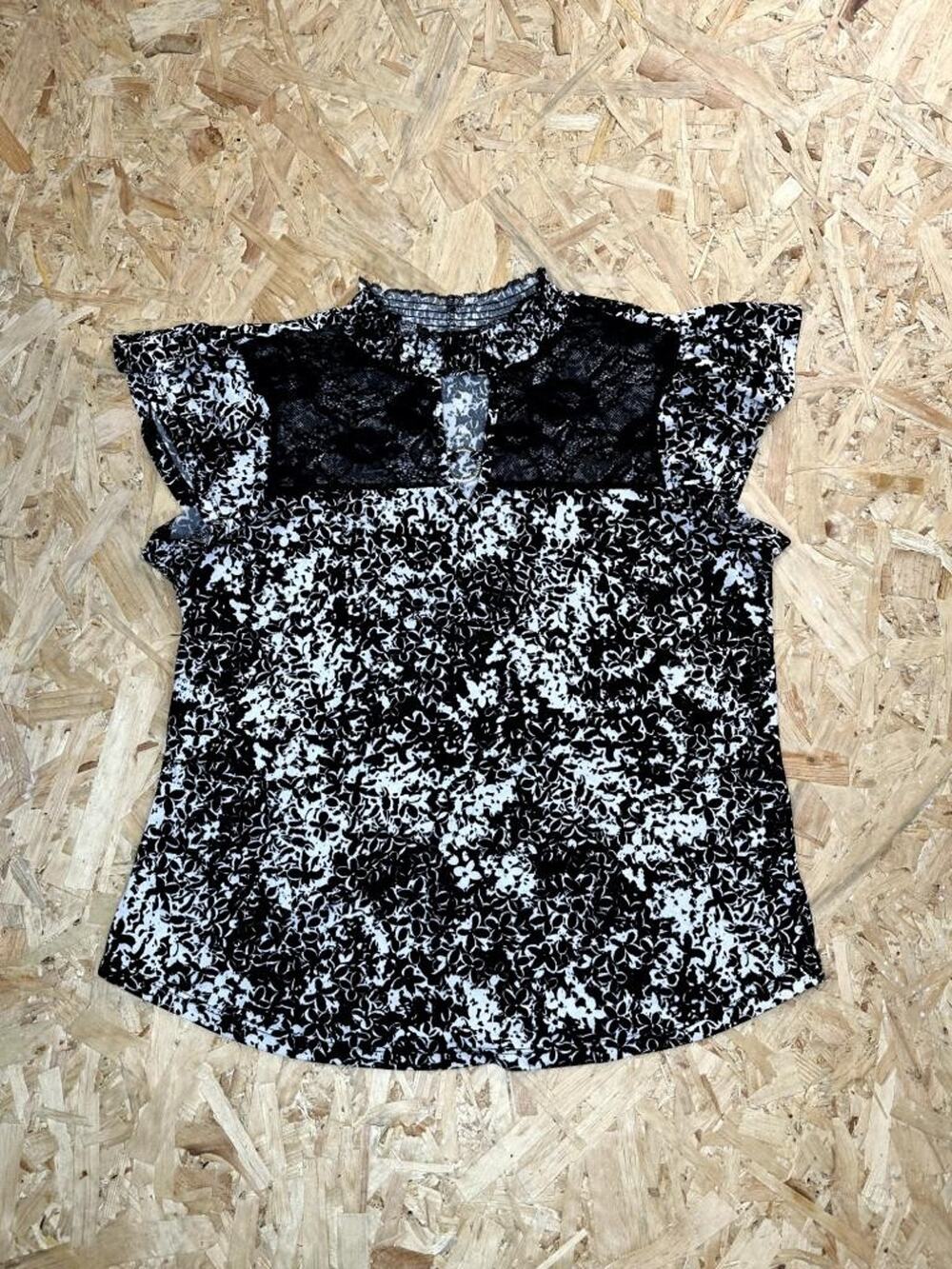 Adrienne Vittadini Blouse Womens XL Black White Floral Lace Mock Neck Keyhole